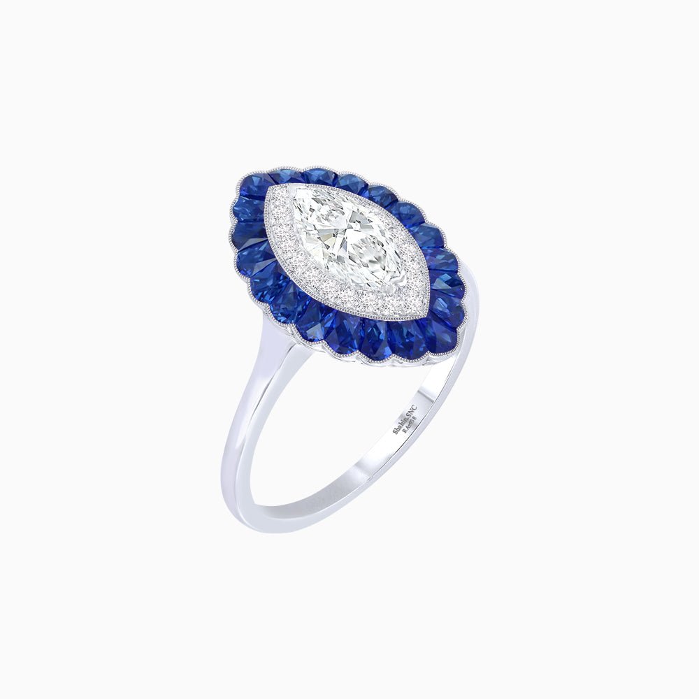 Marquise Cut Center Stone Double Halo Ring Mounting with Calibre Cut Gemstone Halo - Shahin Jewelry