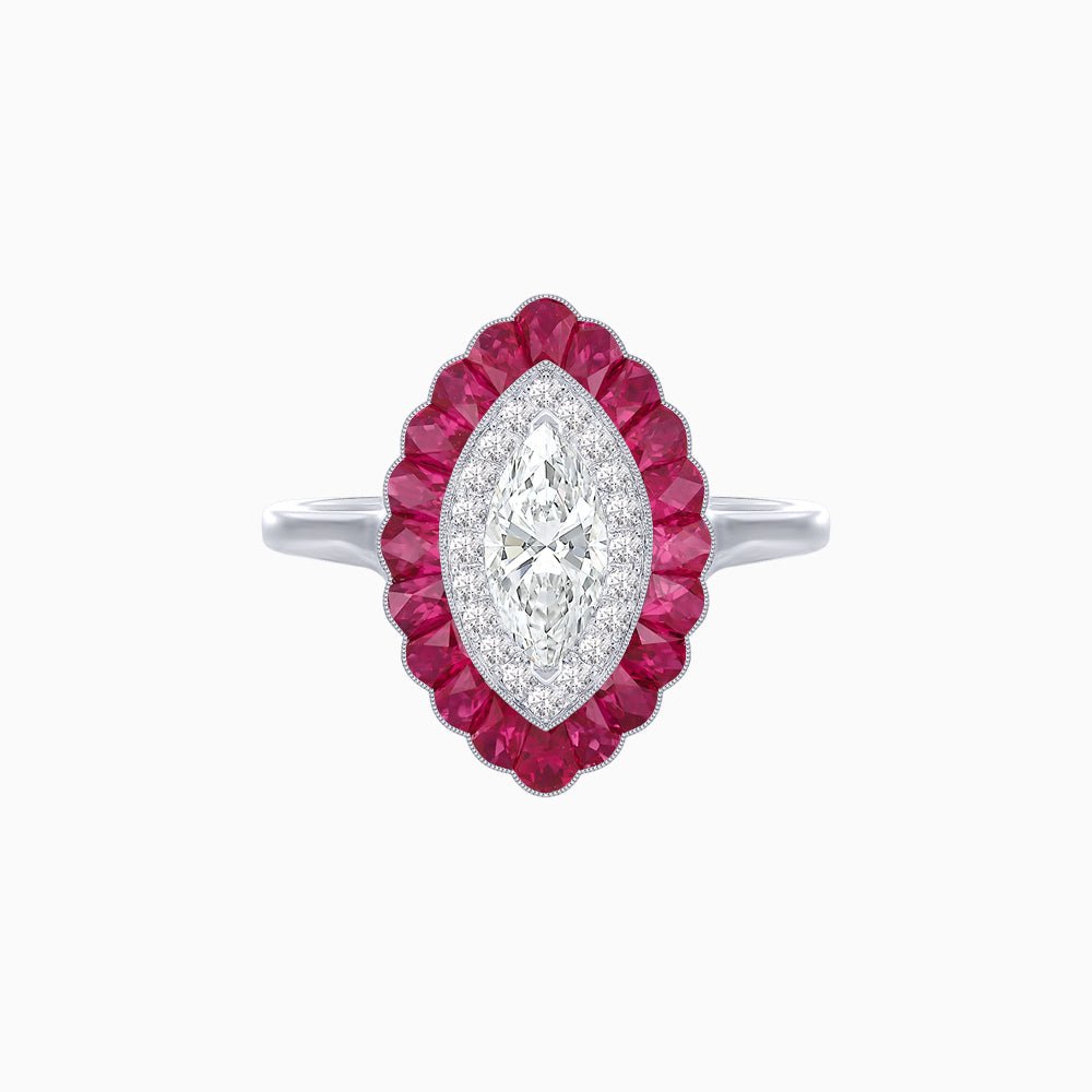 Marquise Cut Center Stone Double Halo Ring Mounting with Calibre Cut Gemstone Halo - Shahin Jewelry