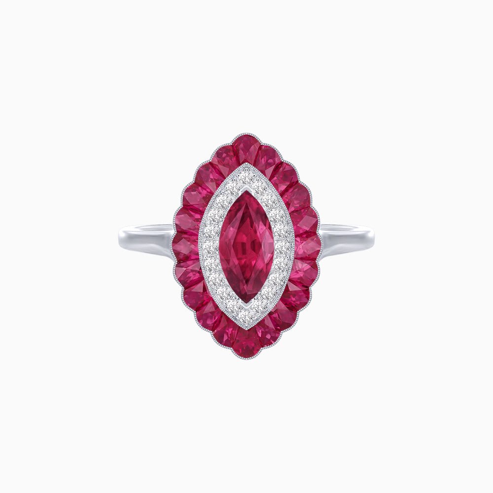 Marquise Cut Center Stone Double Halo Ring Mounting with Calibre Cut Gemstone Halo - Shahin Jewelry