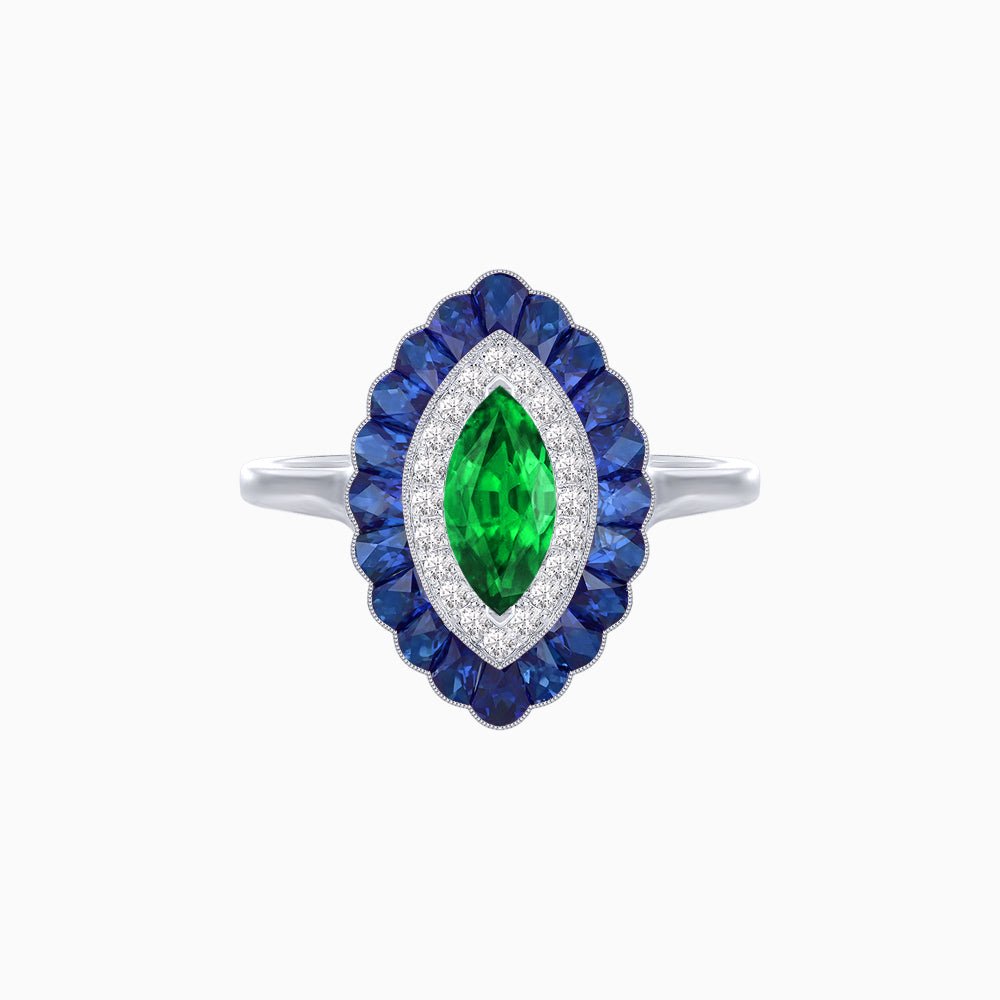 Marquise Cut Center Stone Double Halo Ring Mounting with Calibre Cut Gemstone Halo - Shahin Jewelry