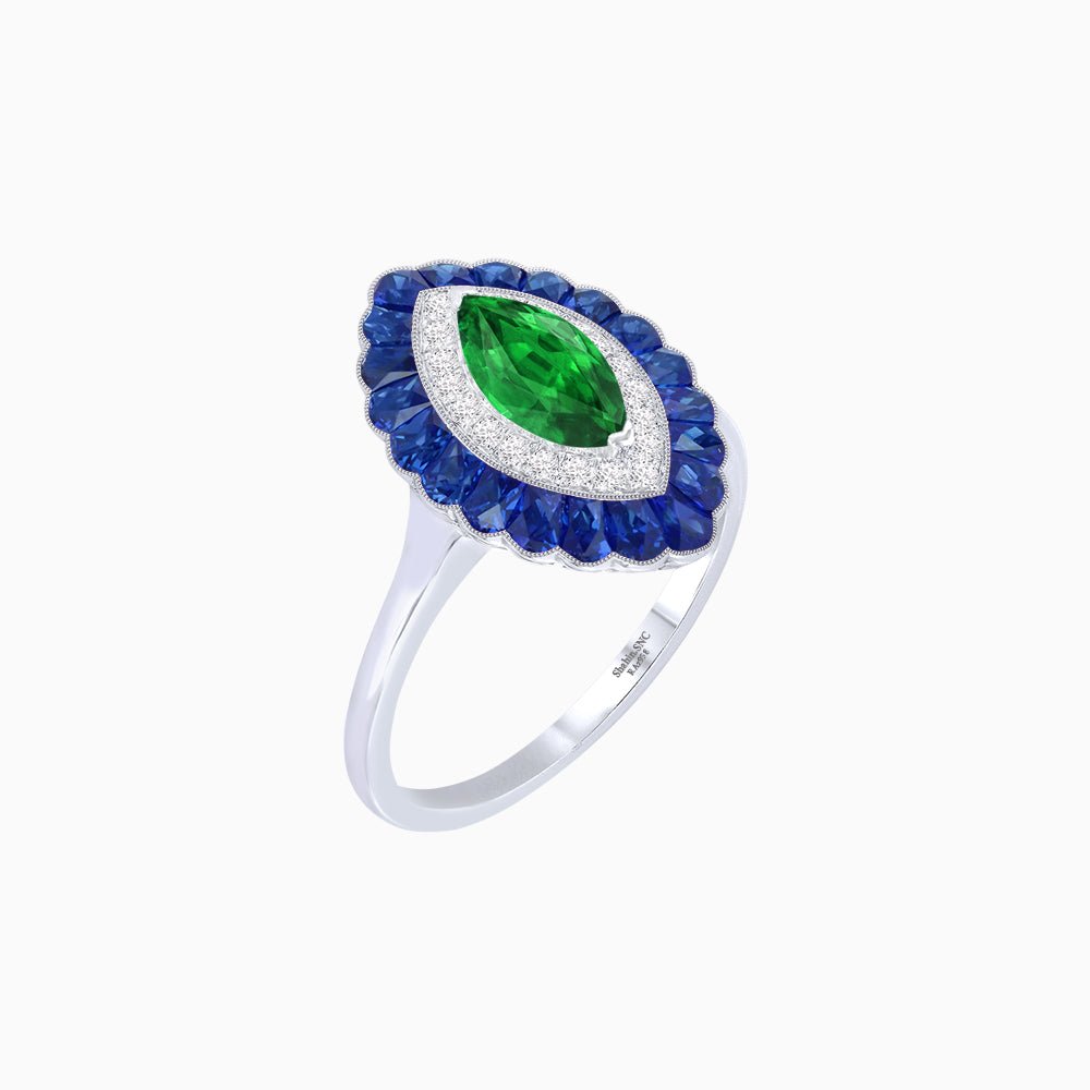 Marquise Cut Center Stone Double Halo Ring Mounting with Calibre Cut Gemstone Halo - Shahin Jewelry