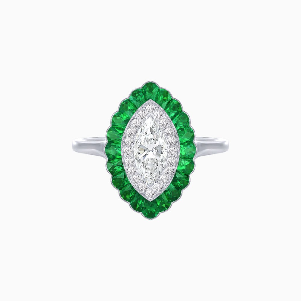 Marquise Cut Center Stone Double Halo Ring Mounting with Calibre Cut Gemstone Halo - Shahin Jewelry