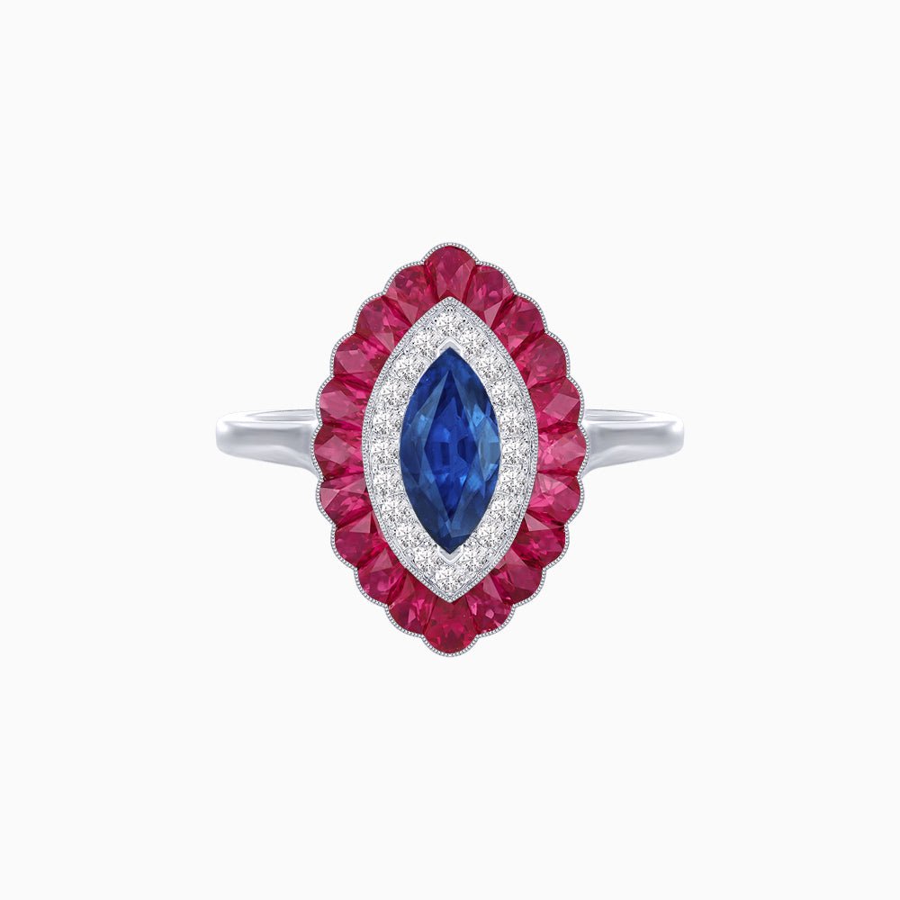 Marquise Cut Center Stone Double Halo Ring Mounting with Calibre Cut Gemstone Halo - Shahin Jewelry