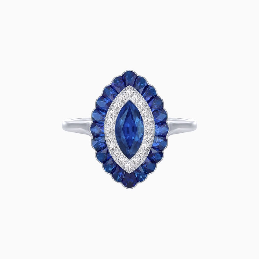 Marquise Cut Center Stone Double Halo Ring Mounting with Calibre Cut Gemstone Halo - Shahin Jewelry
