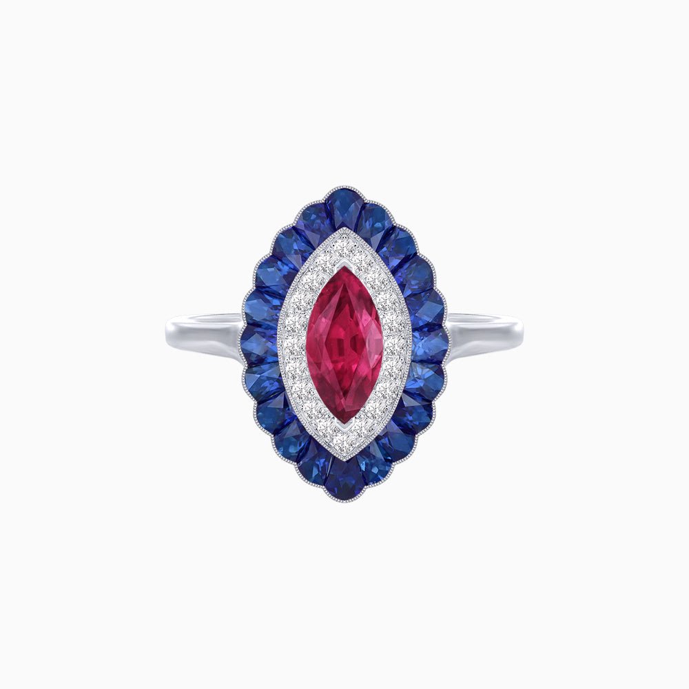 Marquise Cut Center Stone Double Halo Ring Mounting with Calibre Cut Gemstone Halo - Shahin Jewelry