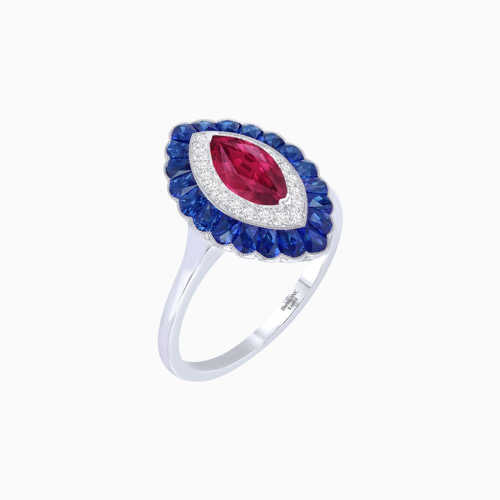 Marquise Cut Center Stone Double Halo Ring Mounting with Calibre Cut Gemstone Halo - Shahin Jewelry