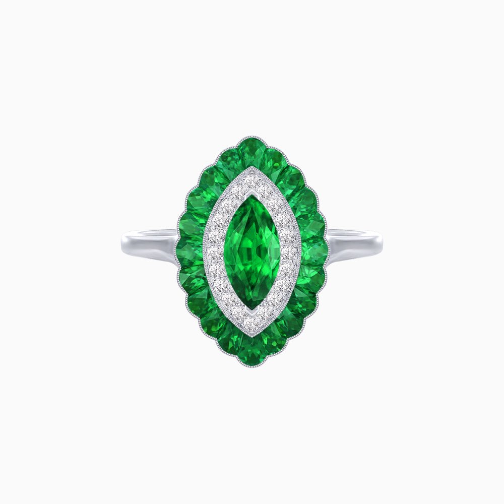 Marquise Cut Center Stone Double Halo Ring Mounting with Calibre Cut Gemstone Halo - Shahin Jewelry