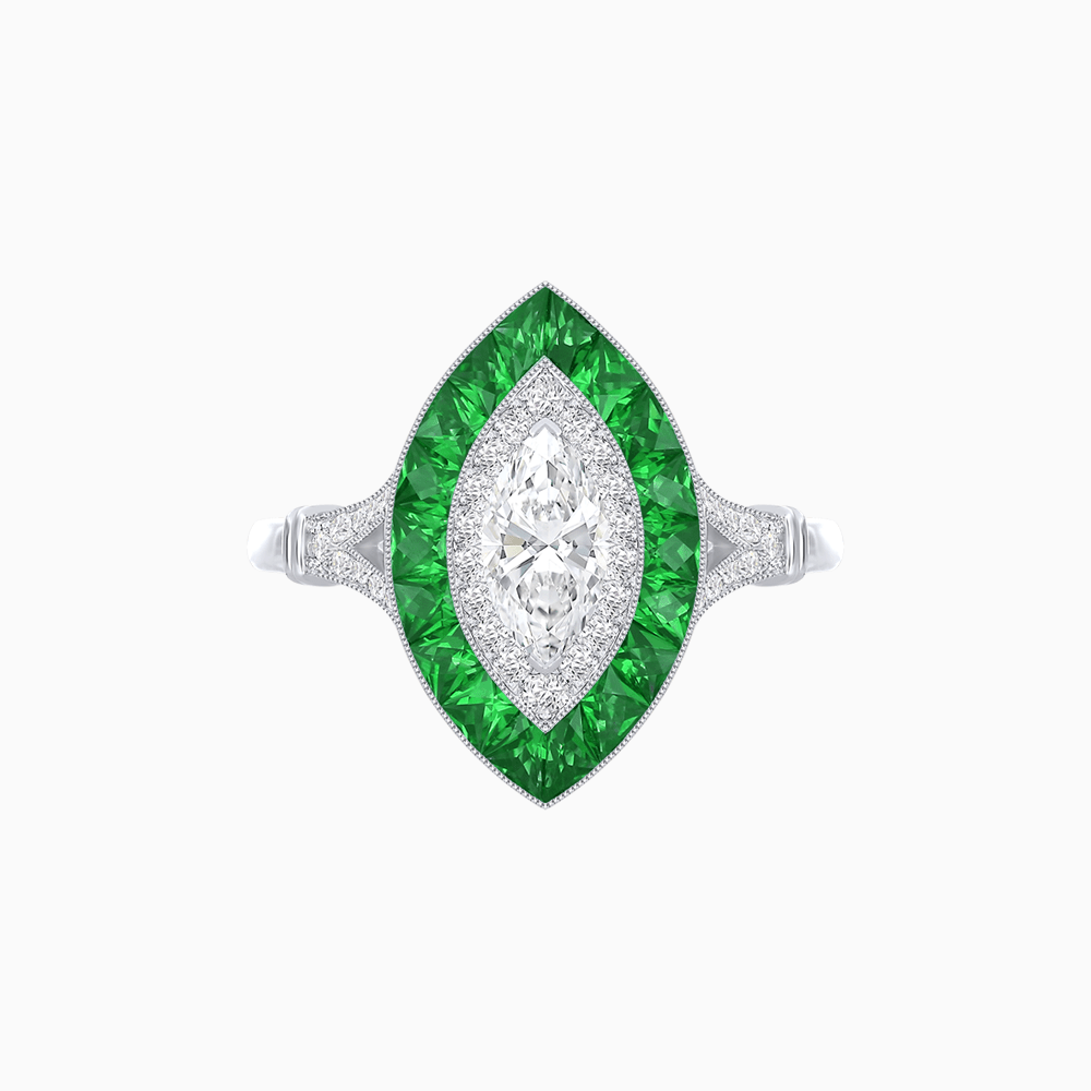 Marquise Cut Center Stone Double Halo Ring Mounting with French Cut Gemstone Accents - Shahin Jewelry