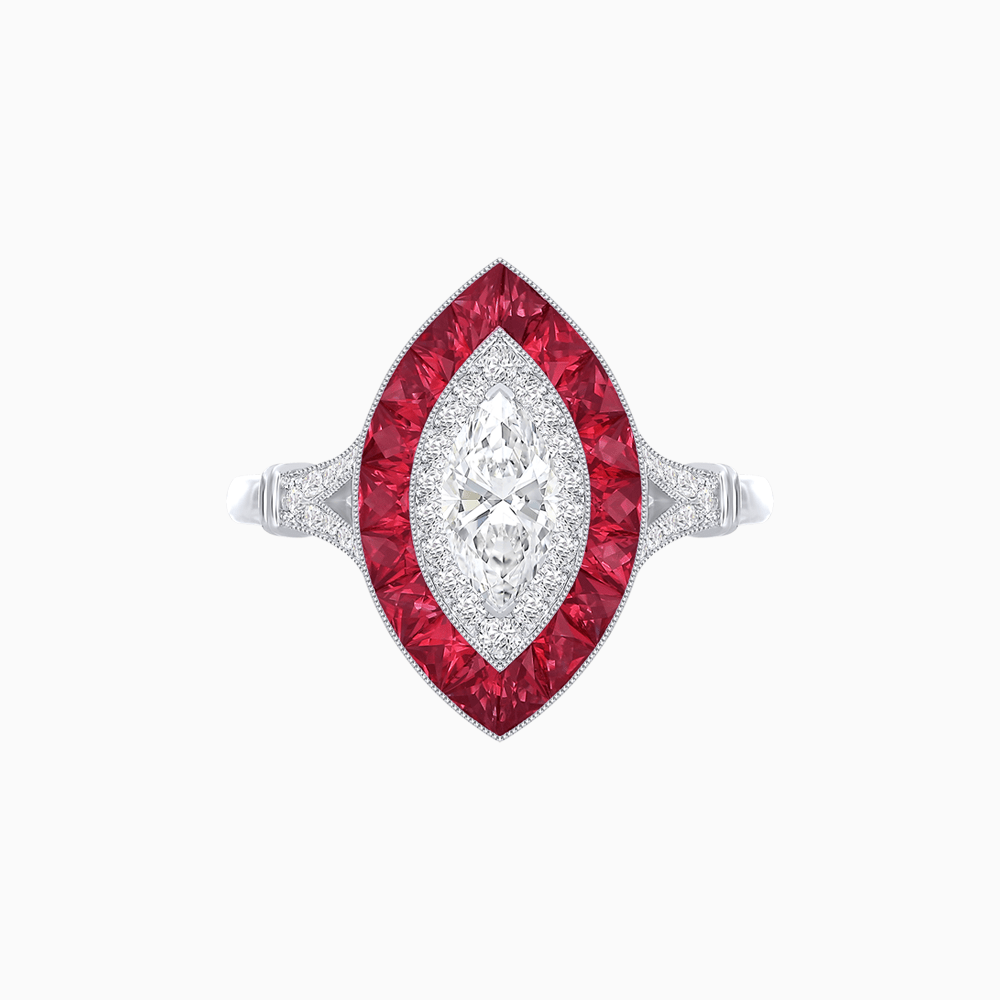 Marquise Cut Center Stone Double Halo Ring Mounting with French Cut Gemstone Accents - Shahin Jewelry