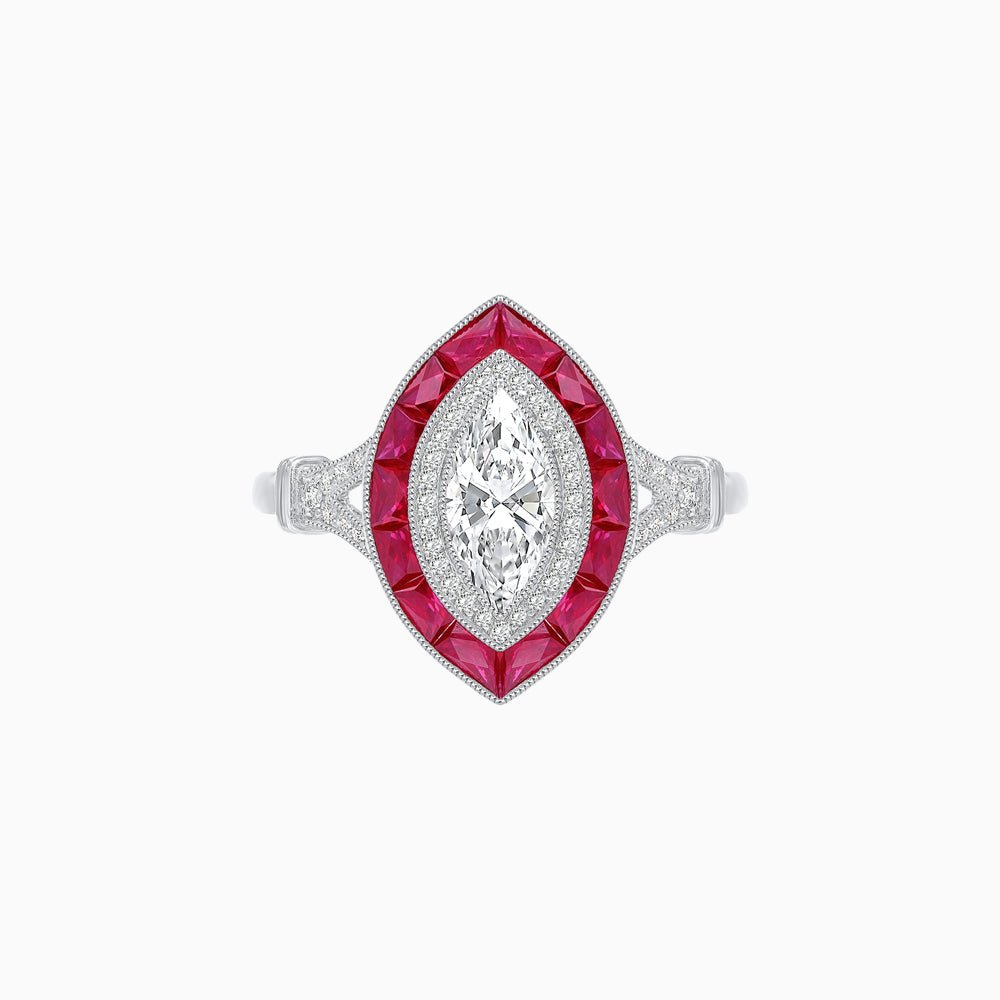 Marquise Cut Center Stone Double Halo Ring Mounting with French Cut Gemstone Accents - Shahin Jewelry