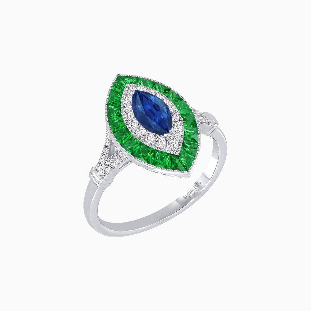 Marquise Cut Center Stone Double Halo Ring Mounting with French Cut Gemstone Accents - Shahin Jewelry