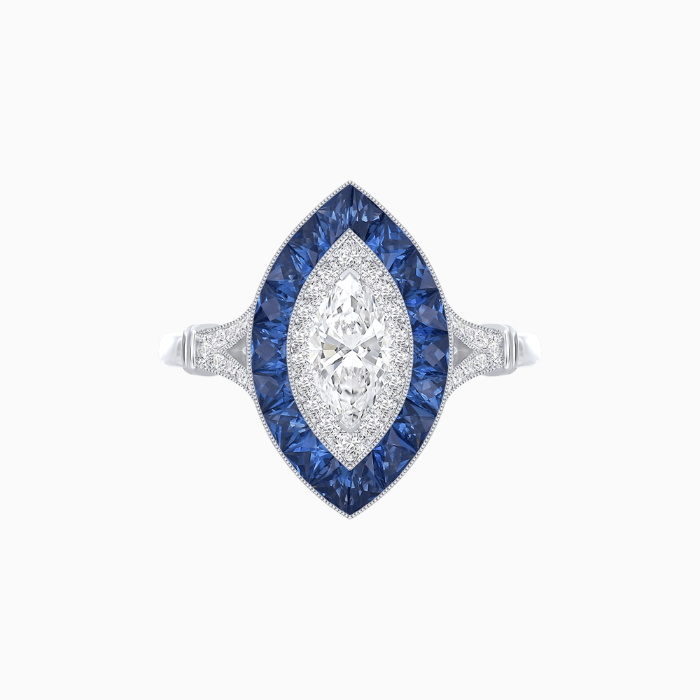 Marquise Cut Center Stone Double Halo Ring Mounting with French Cut Gemstone Accents - Shahin Jewelry