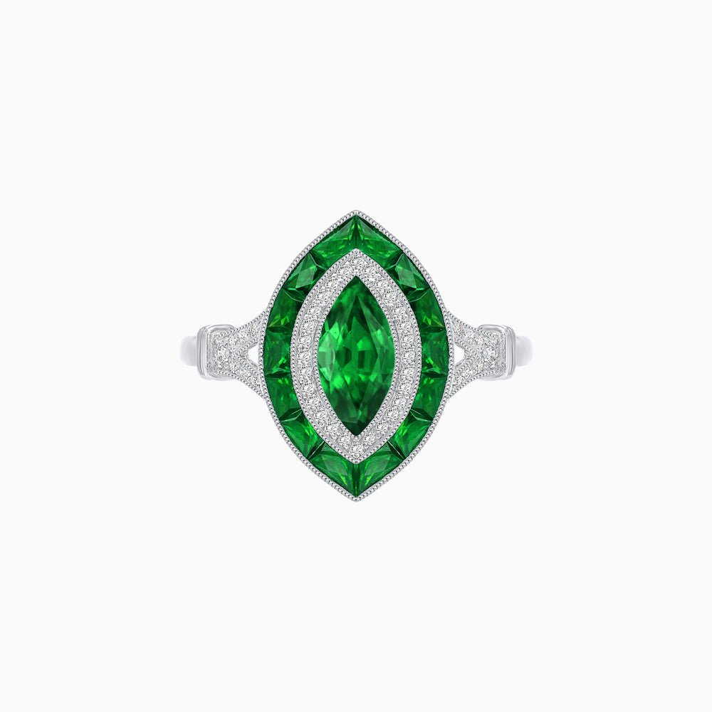Marquise Cut Center Stone Double Halo Ring Mounting with French Cut Gemstone Accents - Shahin Jewelry