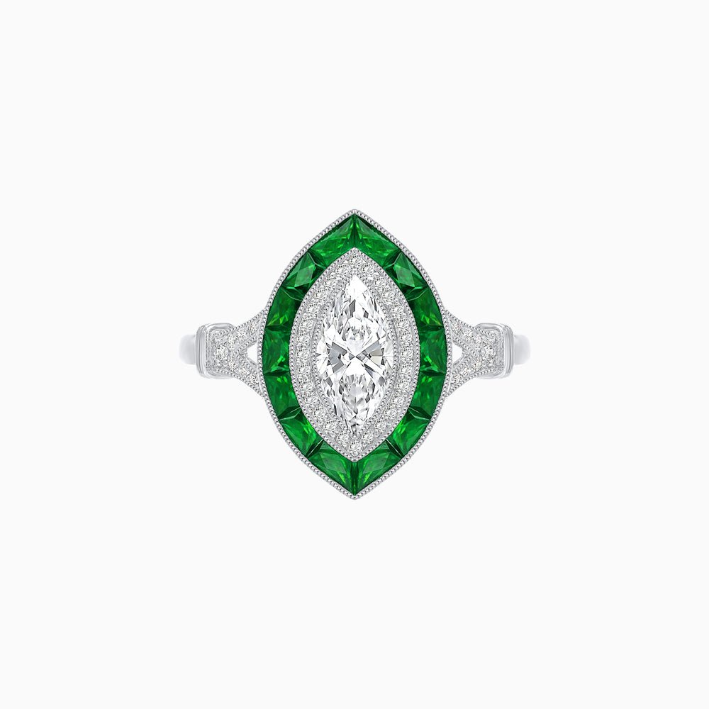 Marquise Cut Center Stone Double Halo Ring Mounting with French Cut Gemstone Accents - Shahin Jewelry
