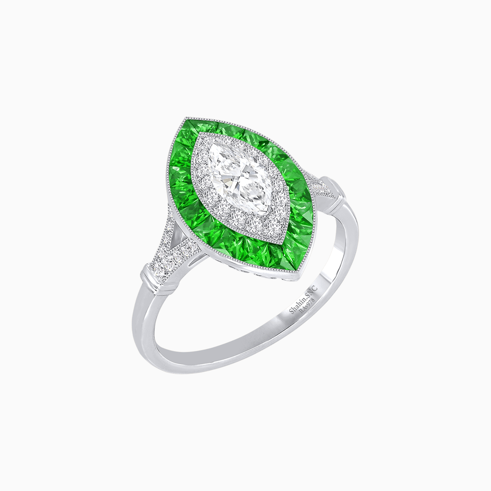 Marquise Cut Center Stone Double Halo Ring Mounting with French Cut Gemstone Accents - Shahin Jewelry