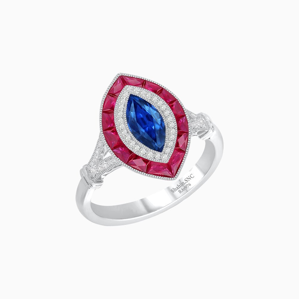 Marquise Cut Center Stone Double Halo Ring Mounting with French Cut Gemstone Accents - Shahin Jewelry