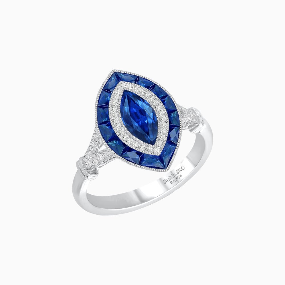 Marquise Cut Center Stone Double Halo Ring Mounting with French Cut Gemstone Accents - Shahin Jewelry