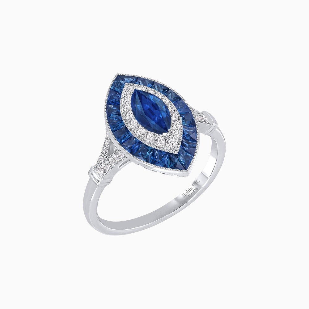 Marquise Cut Center Stone Double Halo Ring Mounting with French Cut Gemstone Accents - Shahin Jewelry