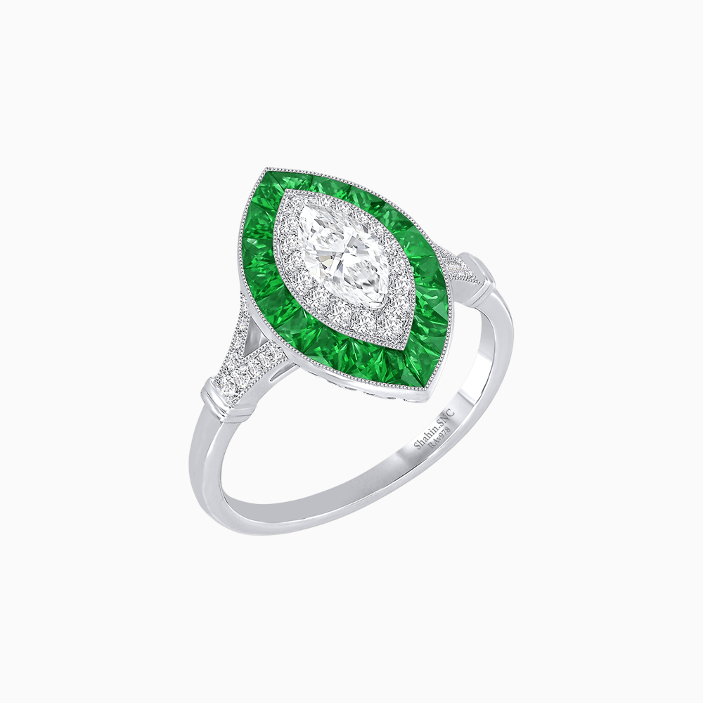 Marquise Cut Center Stone Double Halo Ring Mounting with French Cut Gemstone Accents - Shahin Jewelry
