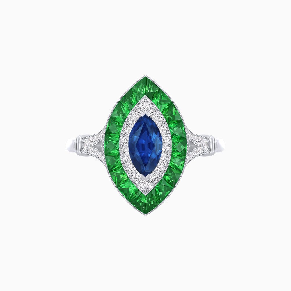 Marquise Cut Center Stone Double Halo Ring Mounting with French Cut Gemstone Accents - Shahin Jewelry