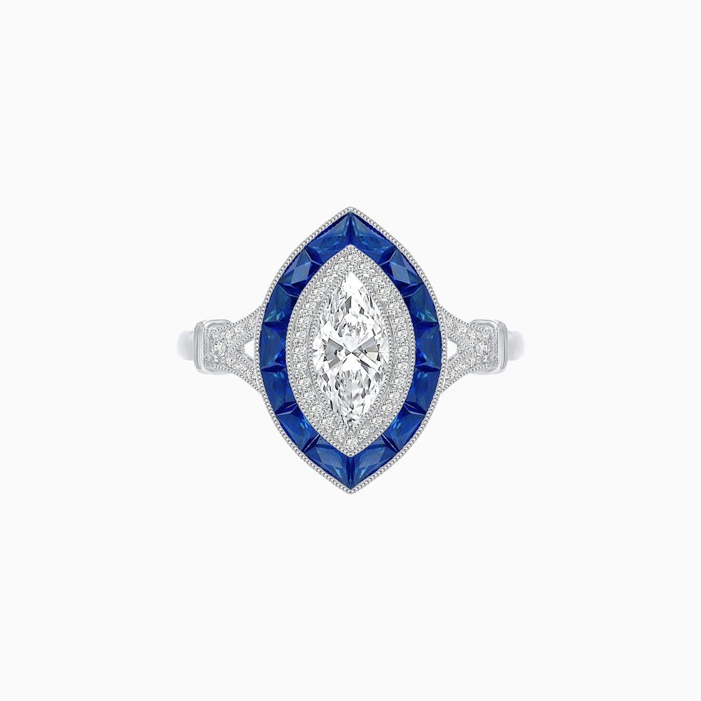 Marquise Cut Center Stone Double Halo Ring Mounting with French Cut Gemstone Accents - Shahin Jewelry