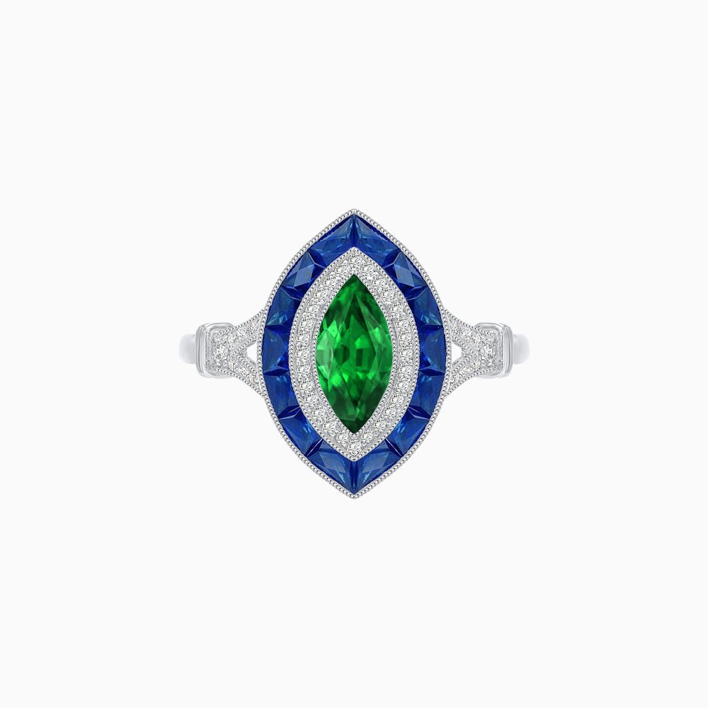 Marquise Cut Center Stone Double Halo Ring Mounting with French Cut Gemstone Accents - Shahin Jewelry