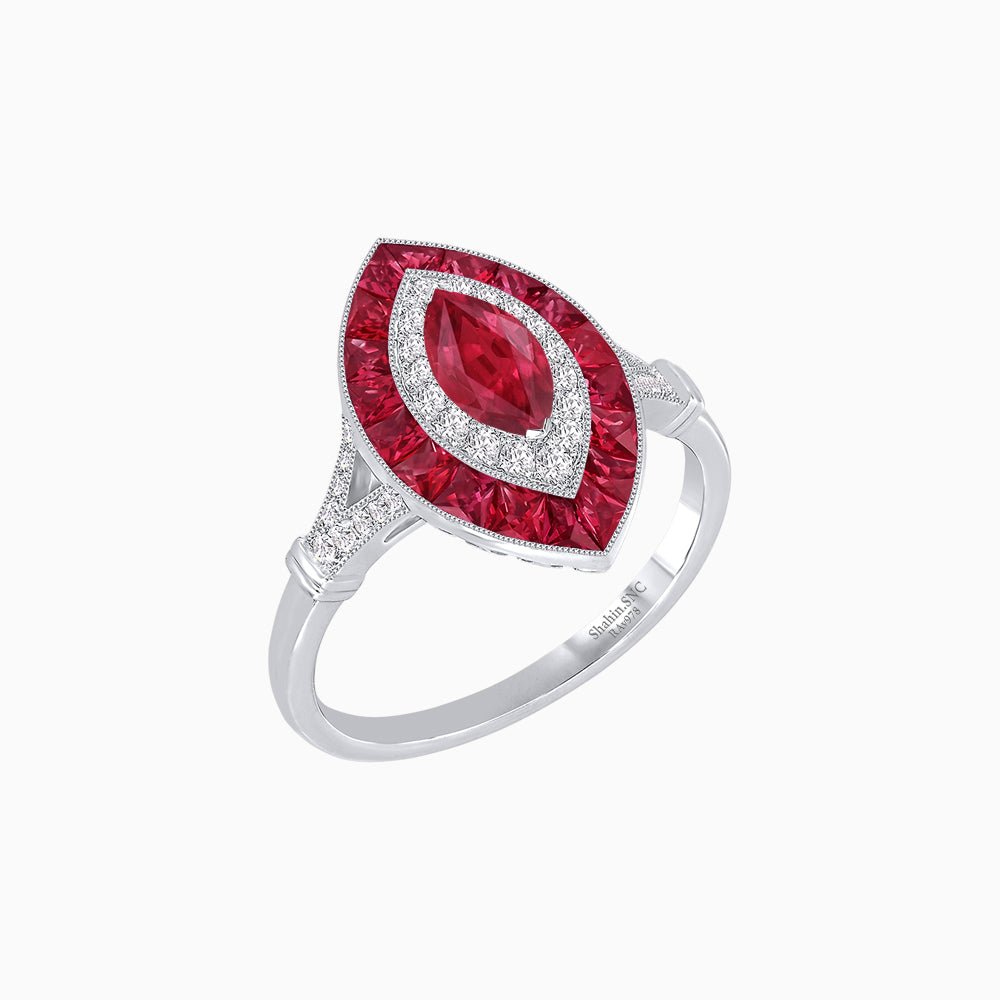Marquise Cut Center Stone Double Halo Ring Mounting with French Cut Gemstone Accents - Shahin Jewelry