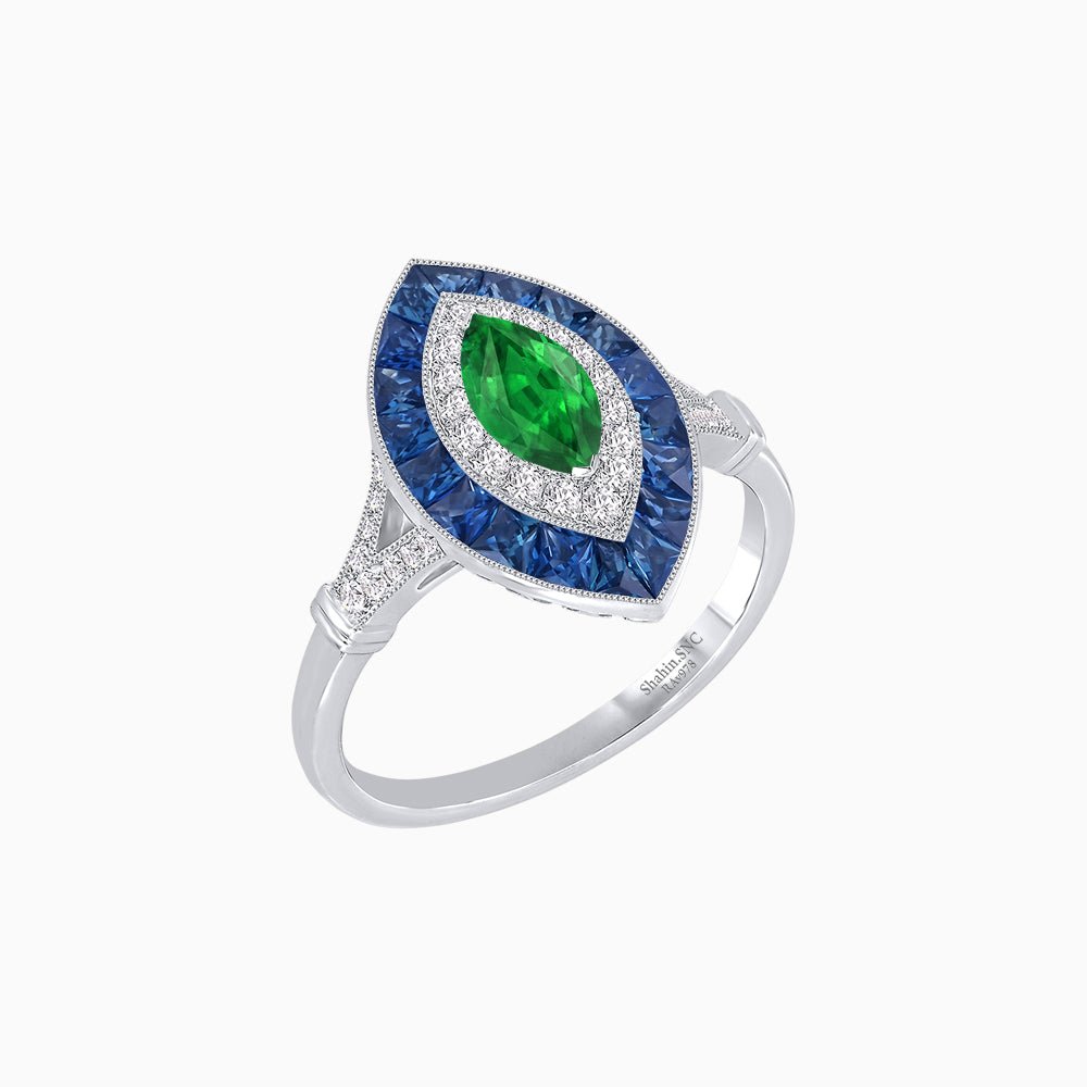 Marquise Cut Center Stone Double Halo Ring Mounting with French Cut Gemstone Accents - Shahin Jewelry