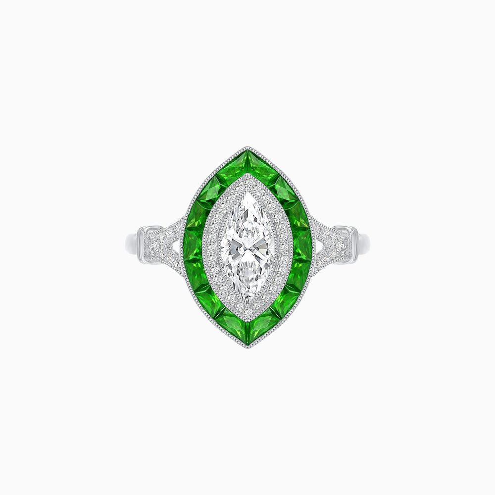 Marquise Cut Center Stone Double Halo Ring Mounting with French Cut Gemstone Accents - Shahin Jewelry