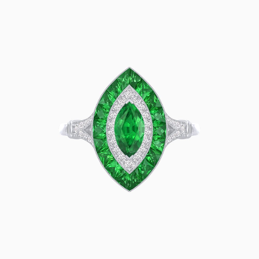 Marquise Cut Center Stone Double Halo Ring Mounting with French Cut Gemstone Accents - Shahin Jewelry