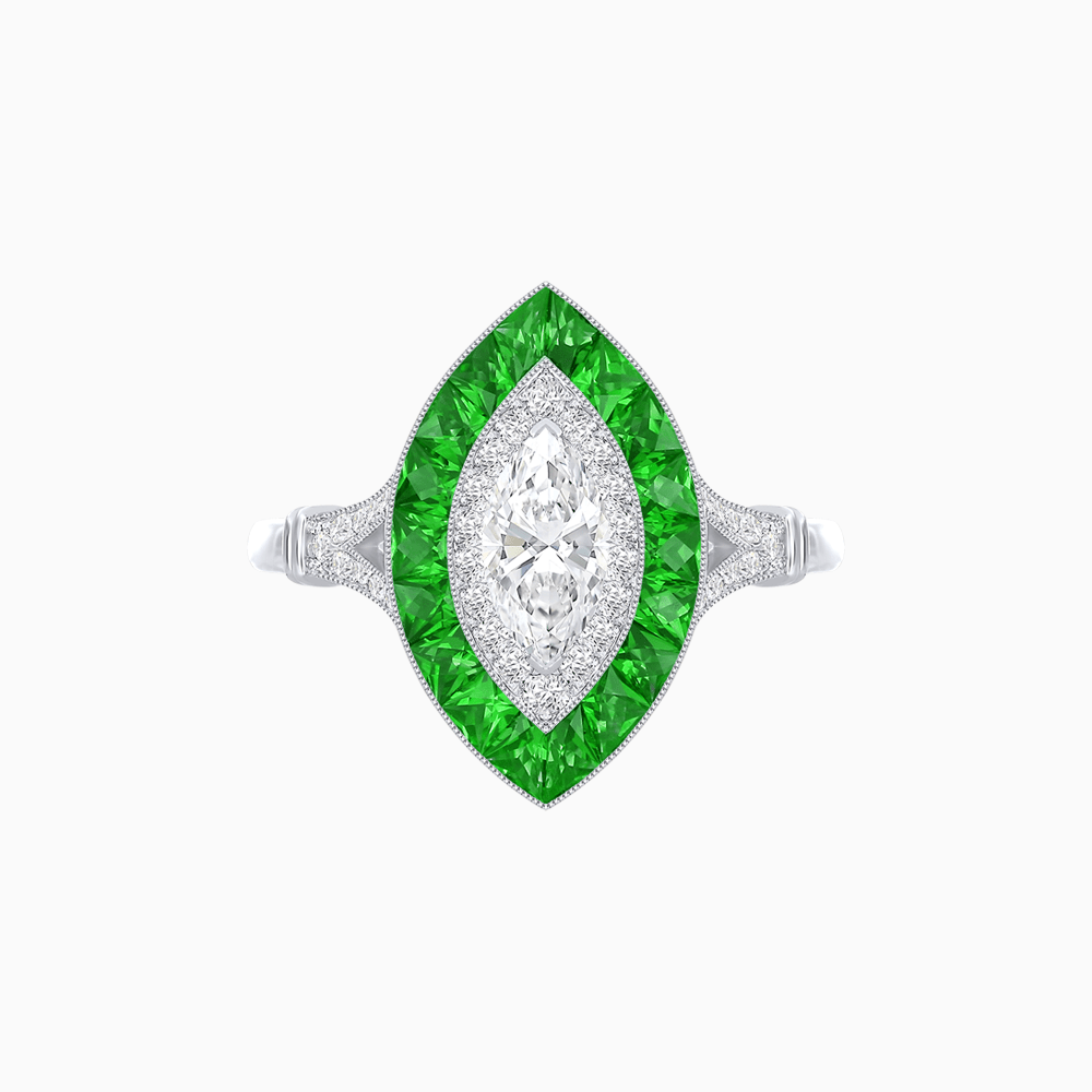 Marquise Cut Center Stone Double Halo Ring Mounting with French Cut Gemstone Accents - Shahin Jewelry