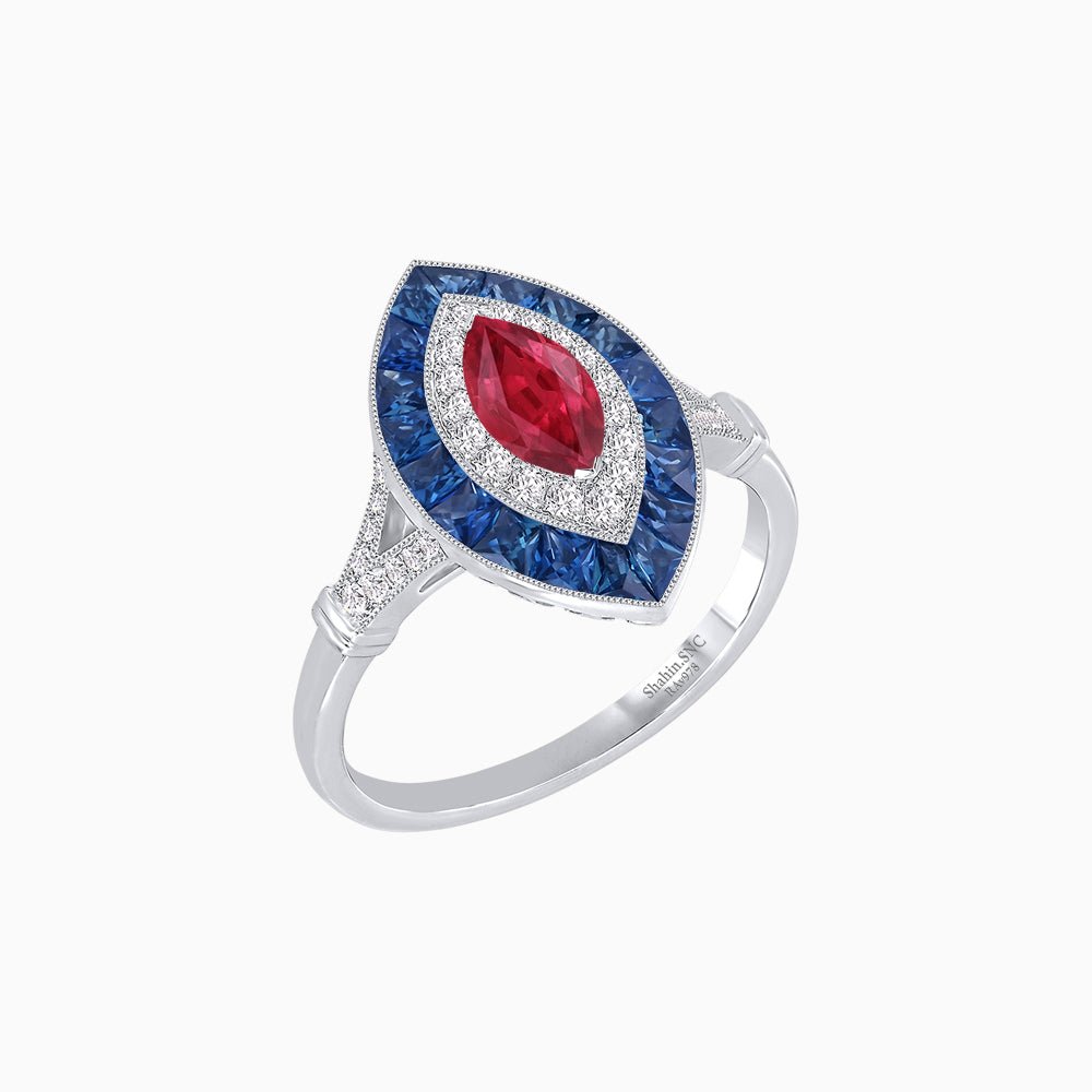 Marquise Cut Center Stone Double Halo Ring Mounting with French Cut Gemstone Accents - Shahin Jewelry
