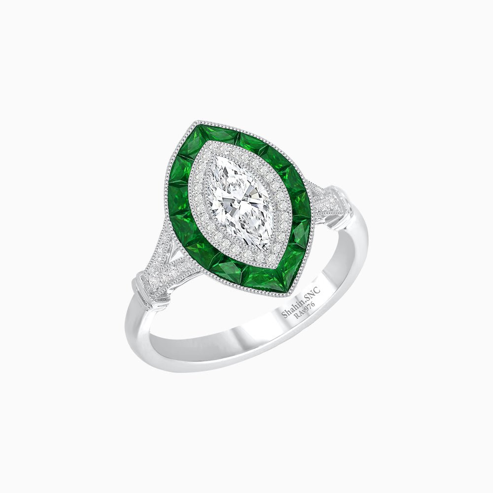 Marquise Cut Center Stone Double Halo Ring Mounting with French Cut Gemstone Accents - Shahin Jewelry