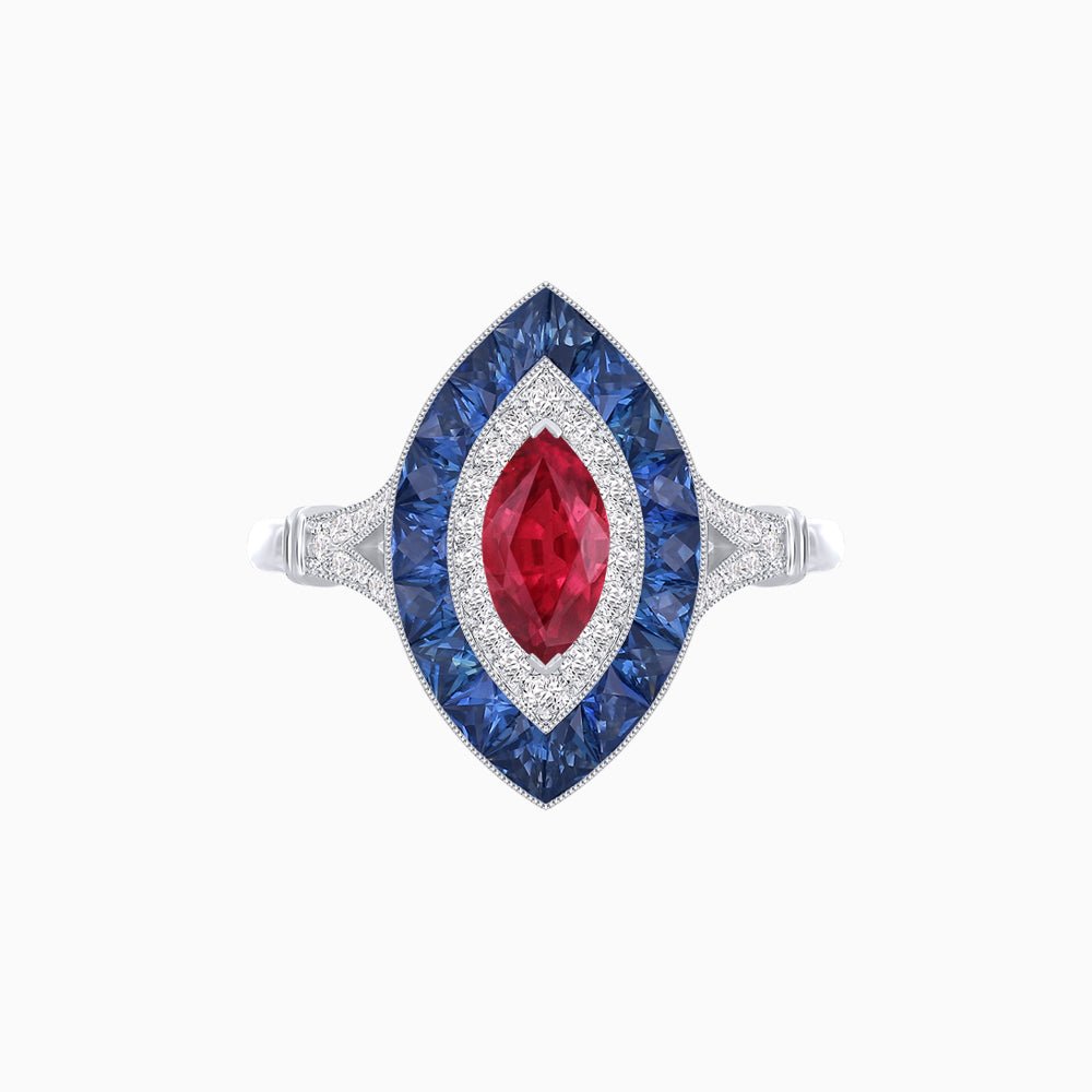 Marquise Cut Center Stone Double Halo Ring Mounting with French Cut Gemstone Accents - Shahin Jewelry