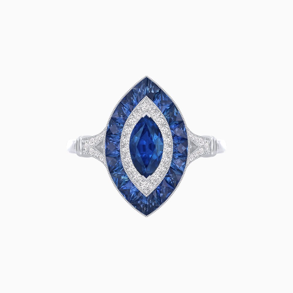 Marquise Cut Center Stone Double Halo Ring Mounting with French Cut Gemstone Accents - Shahin Jewelry