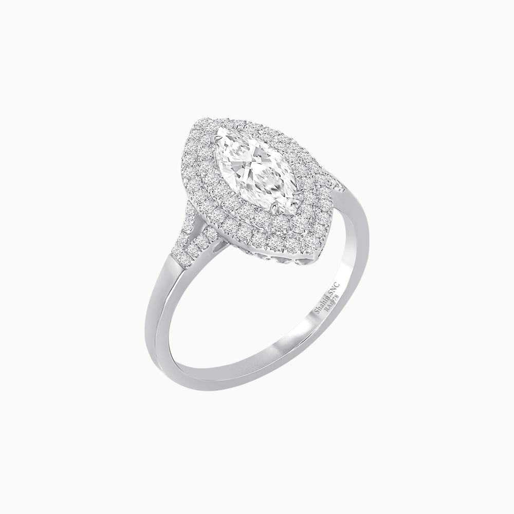 Marquise Cut Ring with Double Diamond Halo and Diamond-Accented Shoulders - Shahin Jewelry