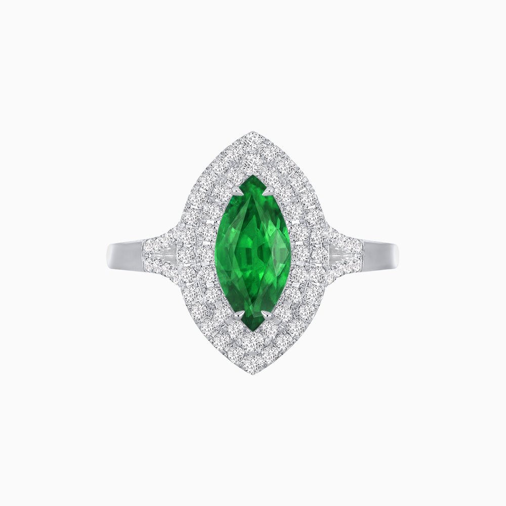 Marquise Cut Ring with Double Diamond Halo and Diamond-Accented Shoulders - Shahin Jewelry
