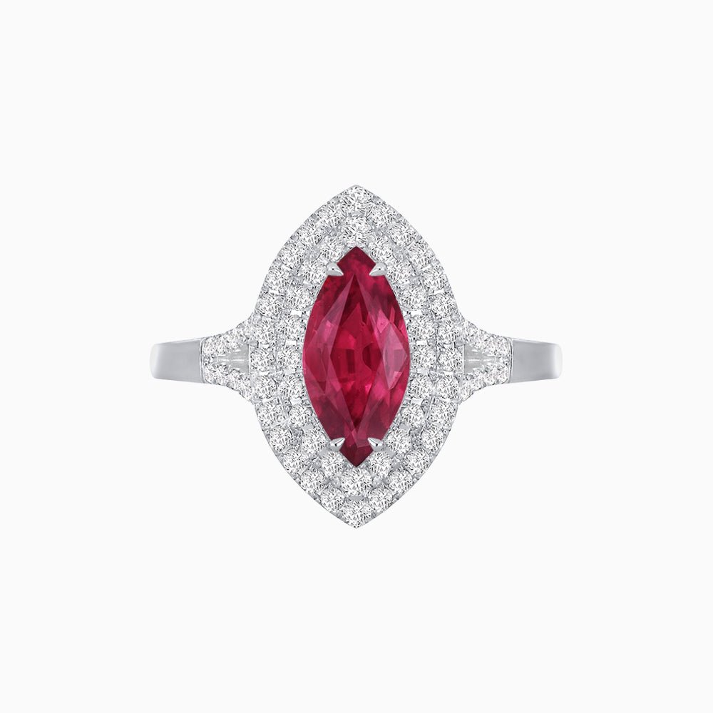 Marquise Cut Ring with Double Diamond Halo and Diamond-Accented Shoulders - Shahin Jewelry