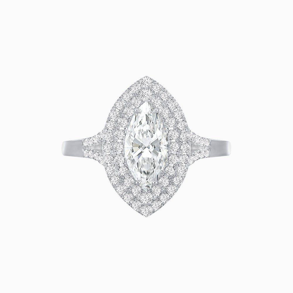 Marquise Cut Ring with Double Diamond Halo and Diamond-Accented Shoulders - Shahin Jewelry