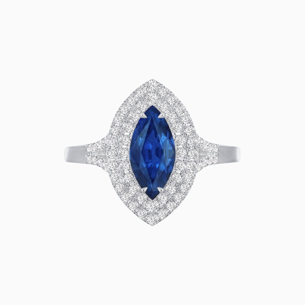 Marquise Cut Ring with Double Diamond Halo and Diamond-Accented Shoulders - Shahin Jewelry