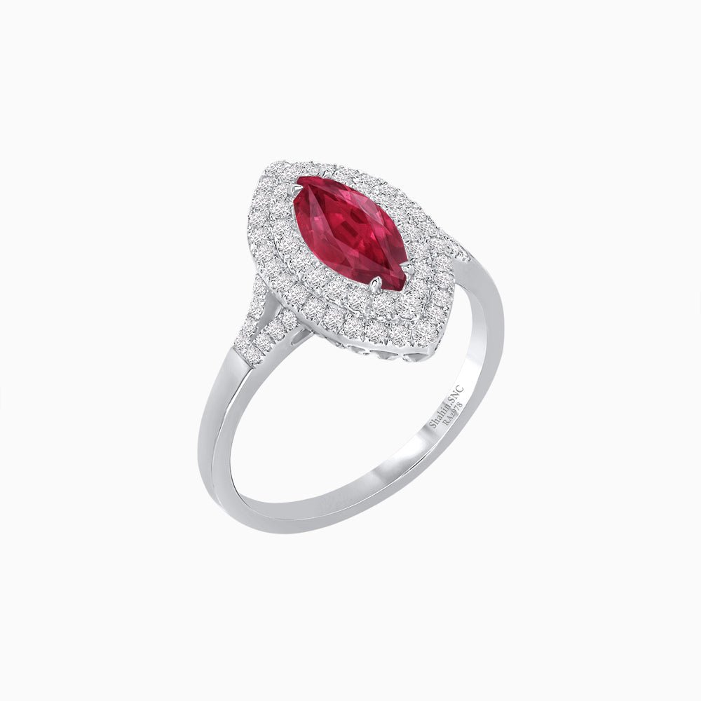 Marquise Cut Ring with Double Diamond Halo and Diamond-Accented Shoulders - Shahin Jewelry