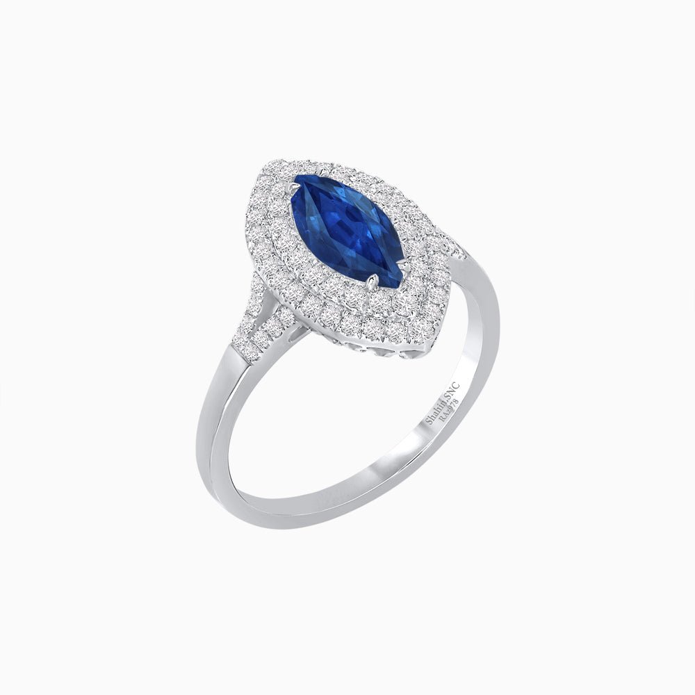 Marquise Cut Ring with Double Diamond Halo and Diamond-Accented Shoulders - Shahin Jewelry