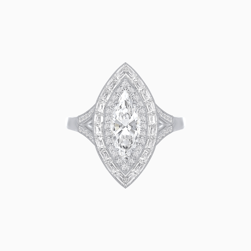 Marquise Diamond Double Halo Ring with Baguette Frame - Shahin Jewelry