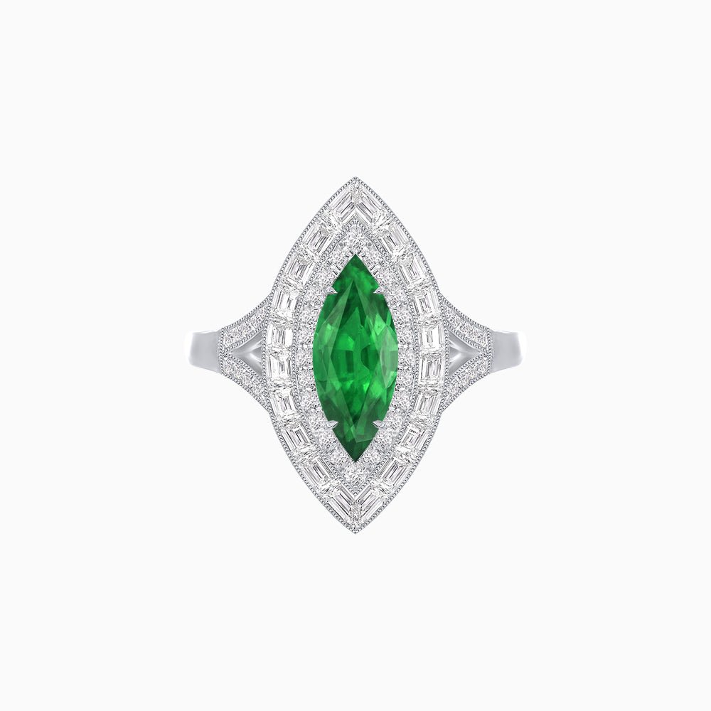 Marquise Diamond Double Halo Ring with Baguette Frame - Shahin Jewelry