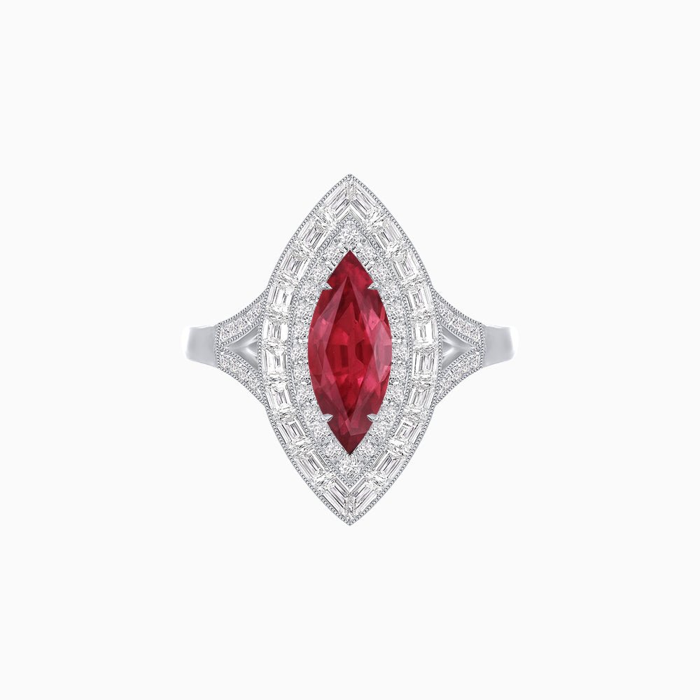 Marquise Diamond Double Halo Ring with Baguette Frame - Shahin Jewelry