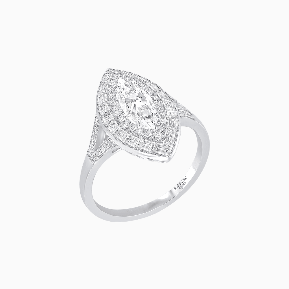 Marquise Diamond Double Halo Ring with Baguette Frame - Shahin Jewelry