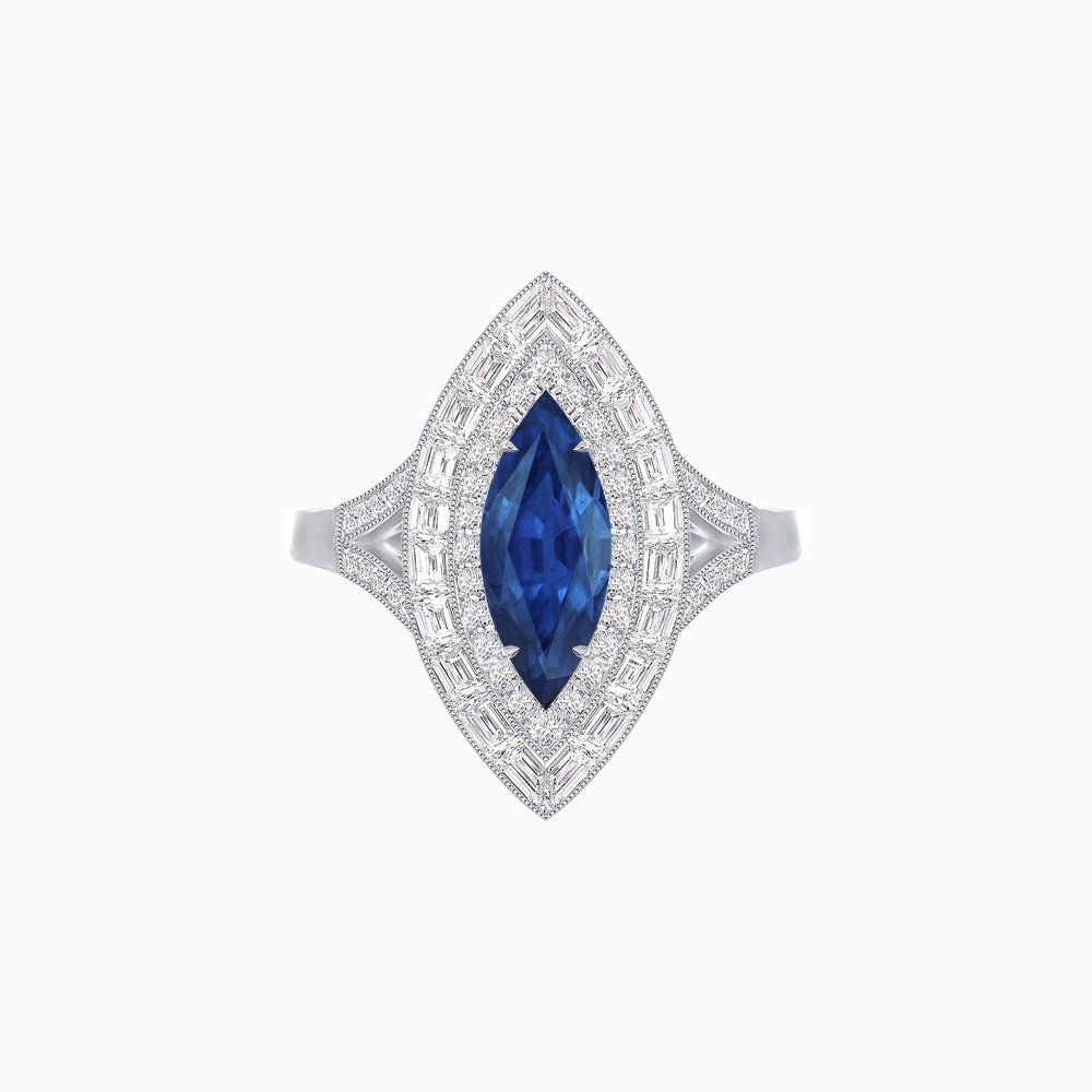 Marquise Diamond Double Halo Ring with Baguette Frame - Shahin Jewelry