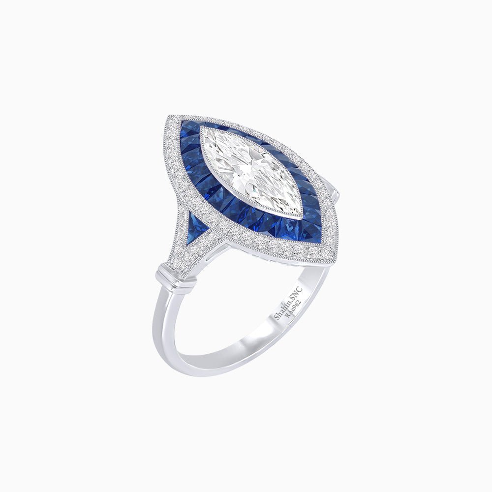 Marquise Halo Vintage - Inspired Mounting Ring with Diamond & Gemstones - Shahin Jewelry