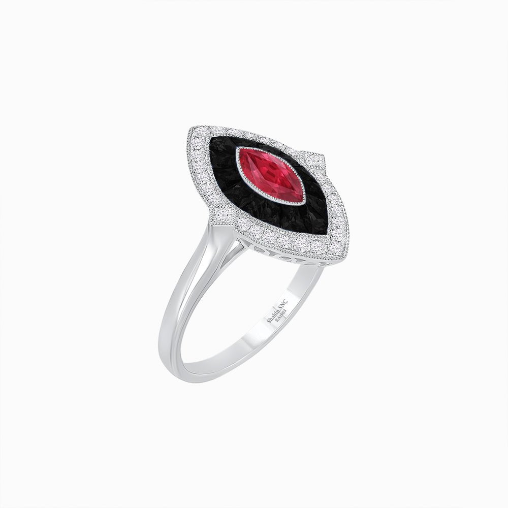 Marquise Shape Art Deco Style Diamond Ring with Ruby and Onyx - Shahin Jewelry