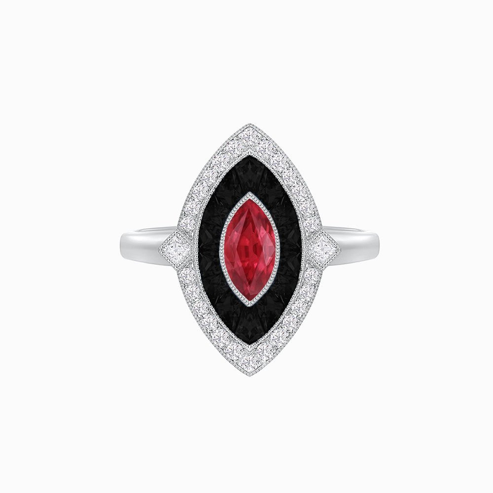 Marquise Shape Art Deco Style Diamond Ring with Ruby and Onyx - Shahin Jewelry